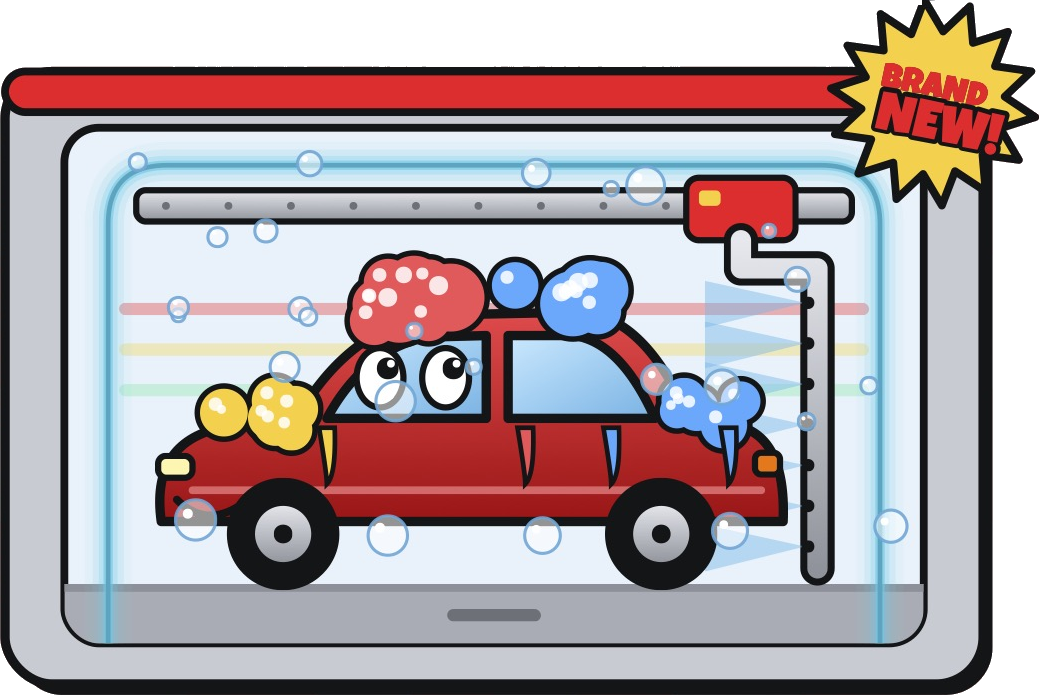 Cartoon red car with googly eyes getting covered in colorful foam bubbles inside the new touchless wash bay